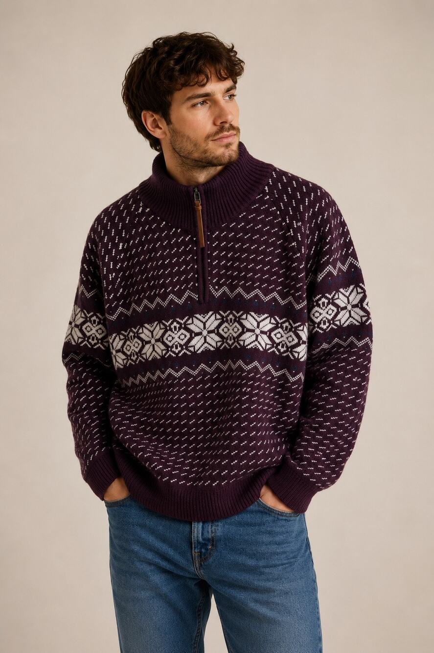 L.L. Bean Signature Nordic Fair Isle Wool Sweater Quarter Zip Pullover Large
